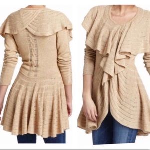 Anthro / Leifnotes Tan Ruffled Long Cardigan